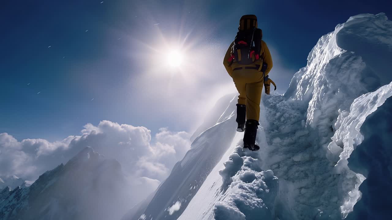 Sun beams shine bright above snowy peaks. Climber steps carefully along a steep ridge. Mountains loom in the background, vast and cold. The climber's focus shows determination and awe