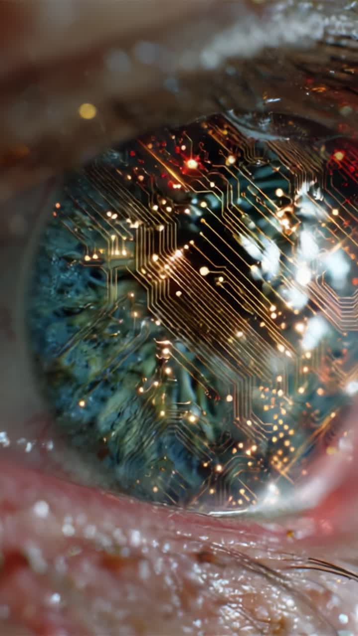 A Stunning Close-Up of an Eye Incorporated with Intricate Circuit Patterns, Blending Organic and Technological Elements to Illustrate the Interface of Humanity and Technology