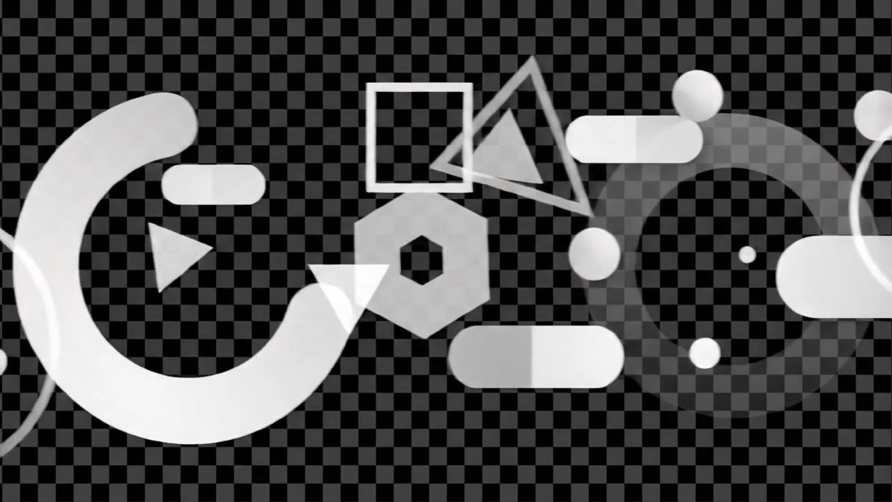 Motion graphics astratte con forme geometriche fluttuanti su sfondo trasparente