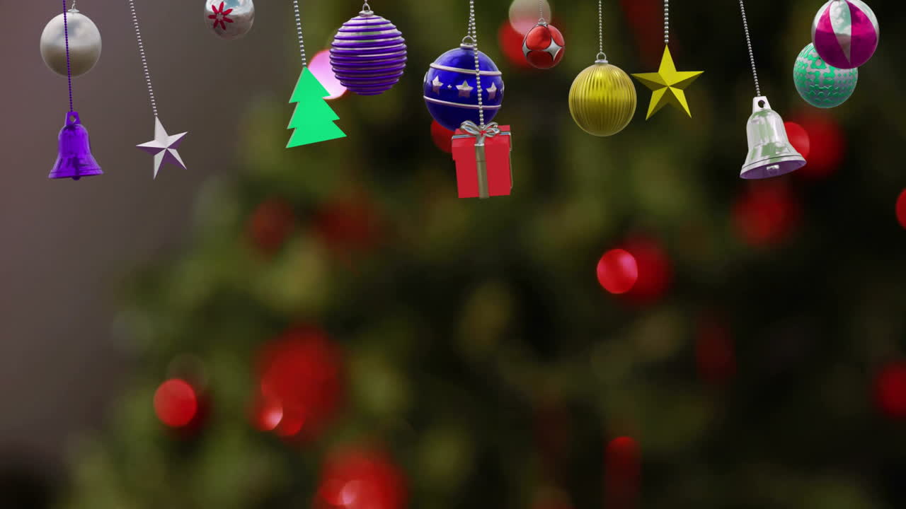 animación de decoraciones navideñas sobre el árbol de navidad