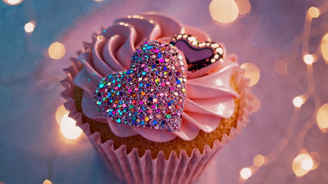pastel rosa decorado con un gran corazón de brillo iridescente y un corazón metálico más pequeño, colocado en una superficie con luces de cuerda cálidas que crean un efecto bokeh