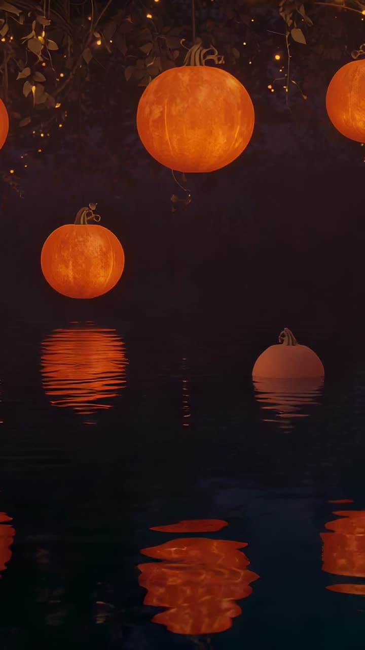 Vertical video: Orange pumpkins swaying from branches above pond in night breeze, with fairy lights