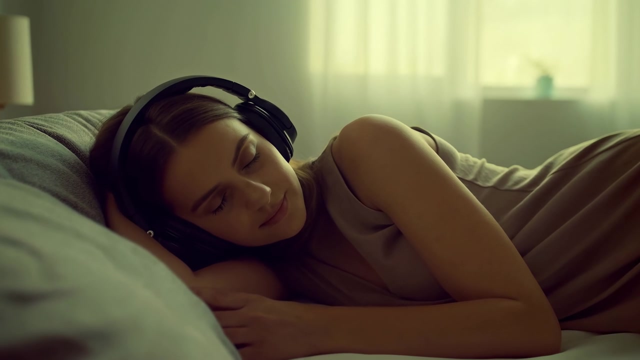Uma jovem deitada de lado em um quarto suavemente iluminado, usando fones de ouvido supra-auriculares enquanto descansa em uma cama com roupa de cama neutra e luz natural suave.