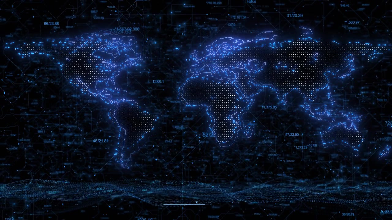 Blue global data map background glowing world outlines dotted continents numeric interface marks