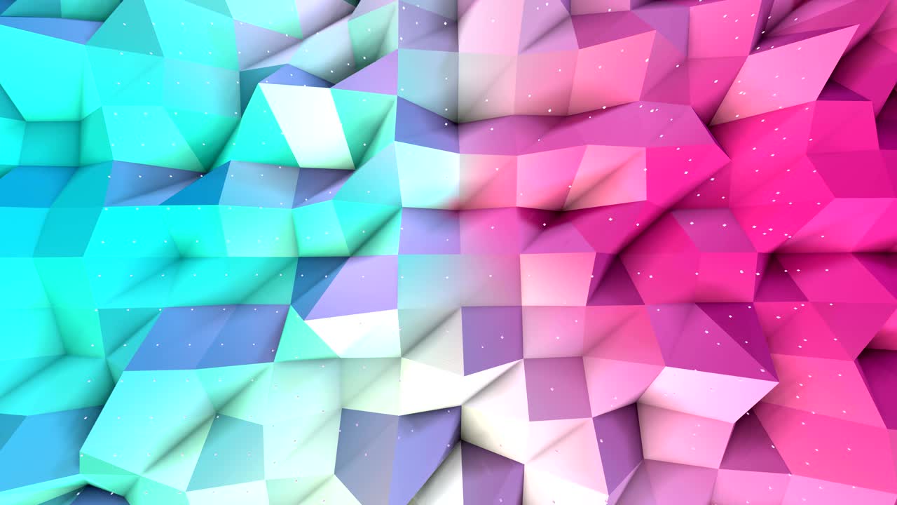 Abstract simple blue pink low poly 3D surface and flying white crystals as cybernetic field. Soft geometric low poly background of pure blue pink polygons. 4K Fullhd seamless loop background.