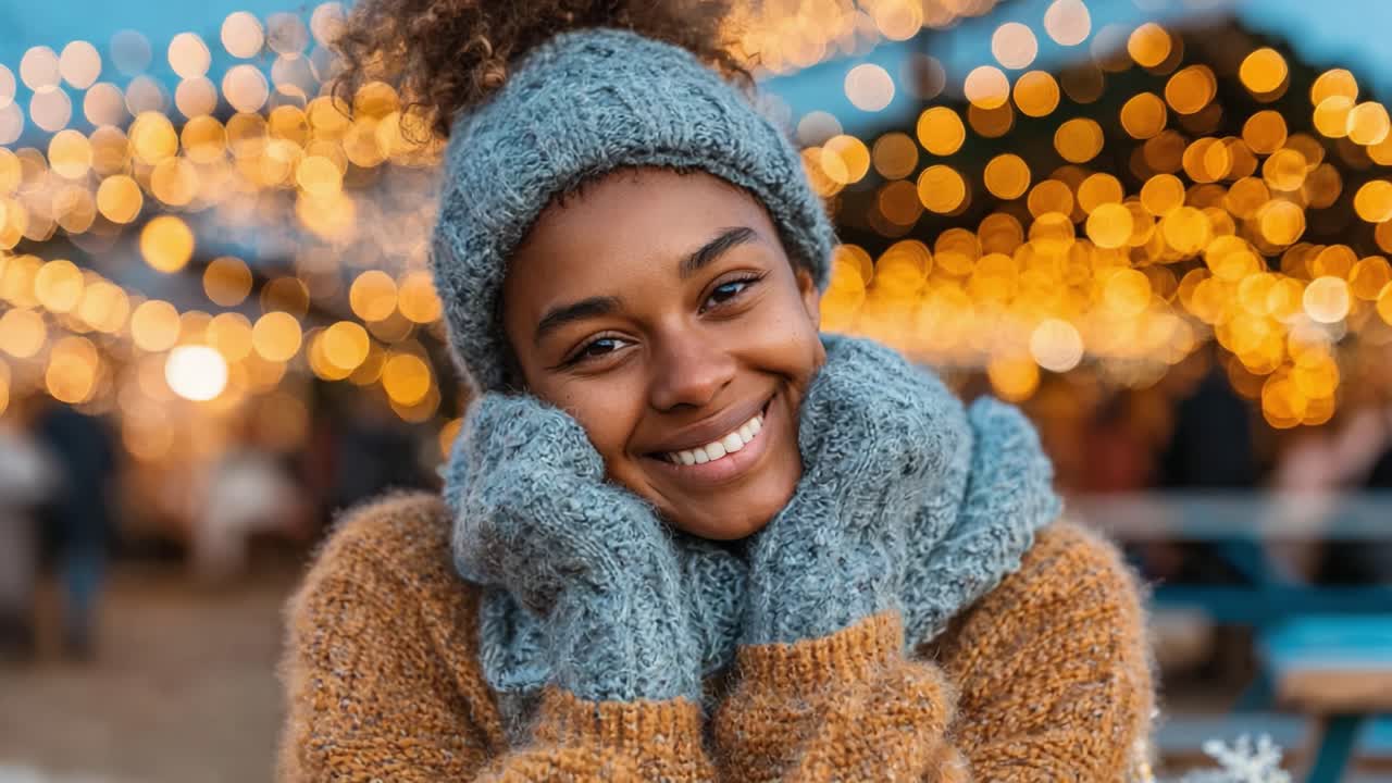 A Cheerful Young Woman in Cozy Knitwear Smiling Brightly Amidst a Magical Background of Sparkling Lights and Joyful Atmosphere