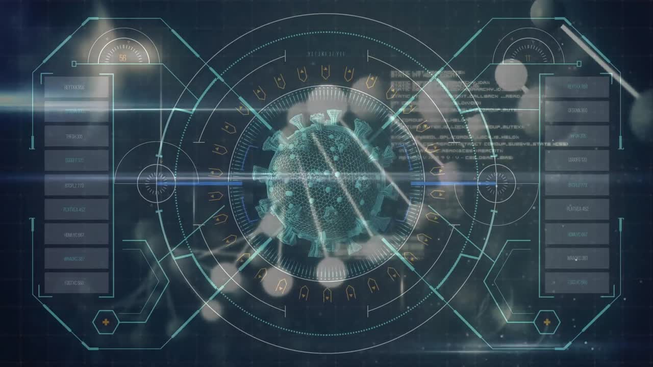 анимация компьютера, отображающая макрокоронавирусную клетку covid-19, проанализированную с помощью информации