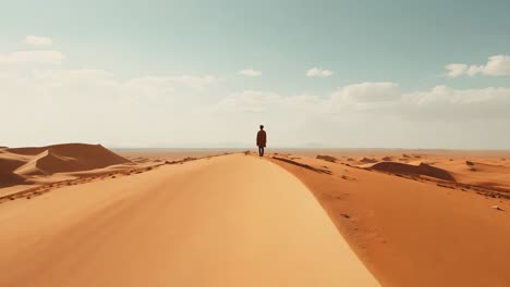 lone traveler traversing expansive sand dunes beneath bright sunlight, embodying solitude and adventurous spirit within vast desert landscape