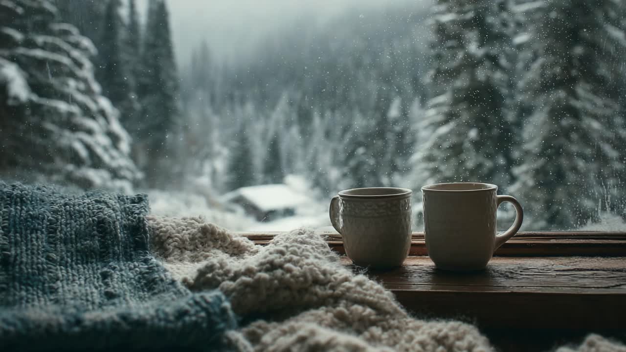 Una scena invernale accogliente con due tazze di bevanda calda e una morbida coperta sullo sfondo di un paesaggio innevato, perfetta per un momento di relax al chiuso