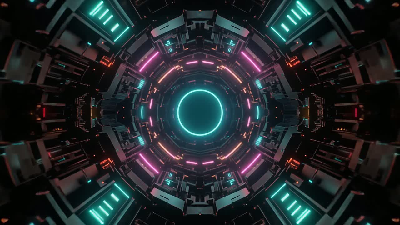 Tunnel di luce al neon astratto futuristico in loop continuo