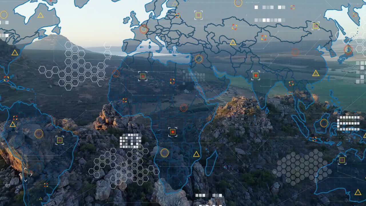 Translucent map fading in, overlaying hexes, pulsing nodes over rocky ridge, showing regional data