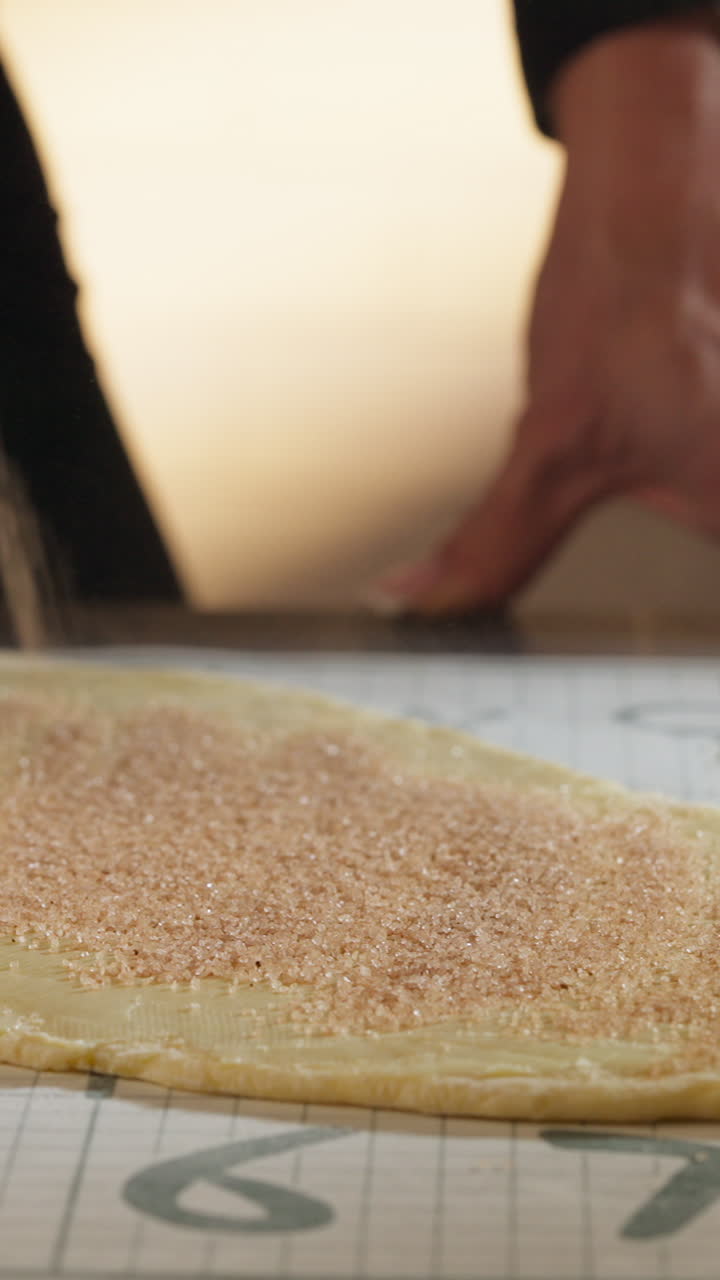 Chef Sprinkling Brown Sugar And Cinnamon On Dough - Cinnamon Rolls. - vertical shot