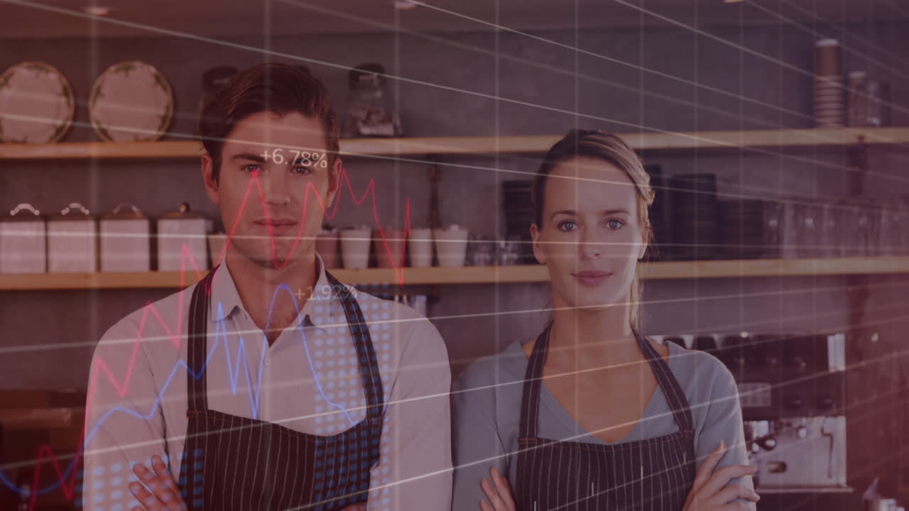 animación de múltiples gráficos con números cambiantes sobre baristas caucásicos de pie con los brazos cruzados