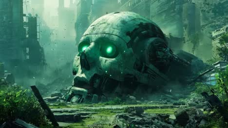 a large robot head with green eyes in the middle of a ruined city