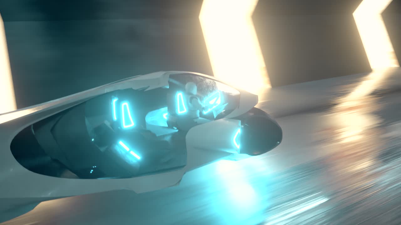 네온 빛 으로 조명 된 터널 에서 미래 의 호버 크래프트