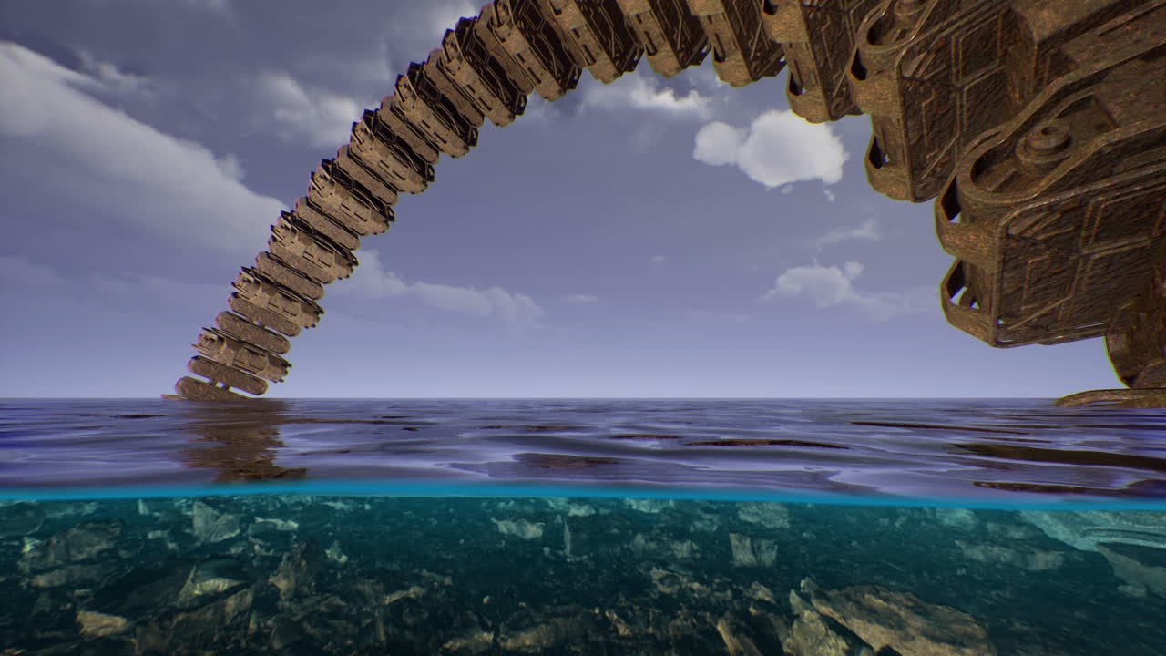 Mysterious ancient alien spaceship partially submerged in ocean depths