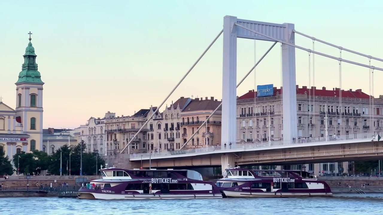 Ponte Elisabetta e fiume Danubio a Budapest al tramonto
