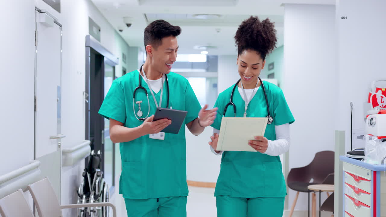 Nurses, tablet and documents for clinic teamwork