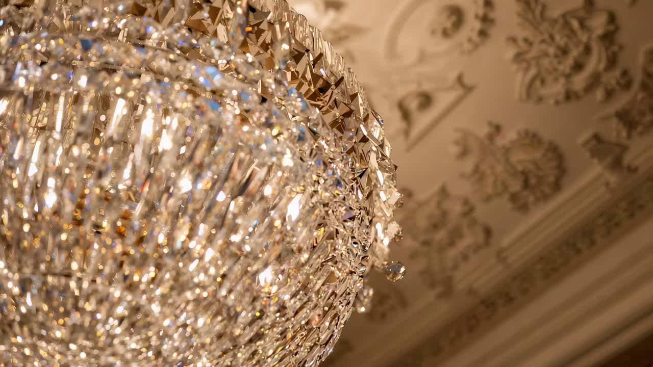 Tilting camera revealing tiered crystal chandelier left in grand foyer, exposing medallions
