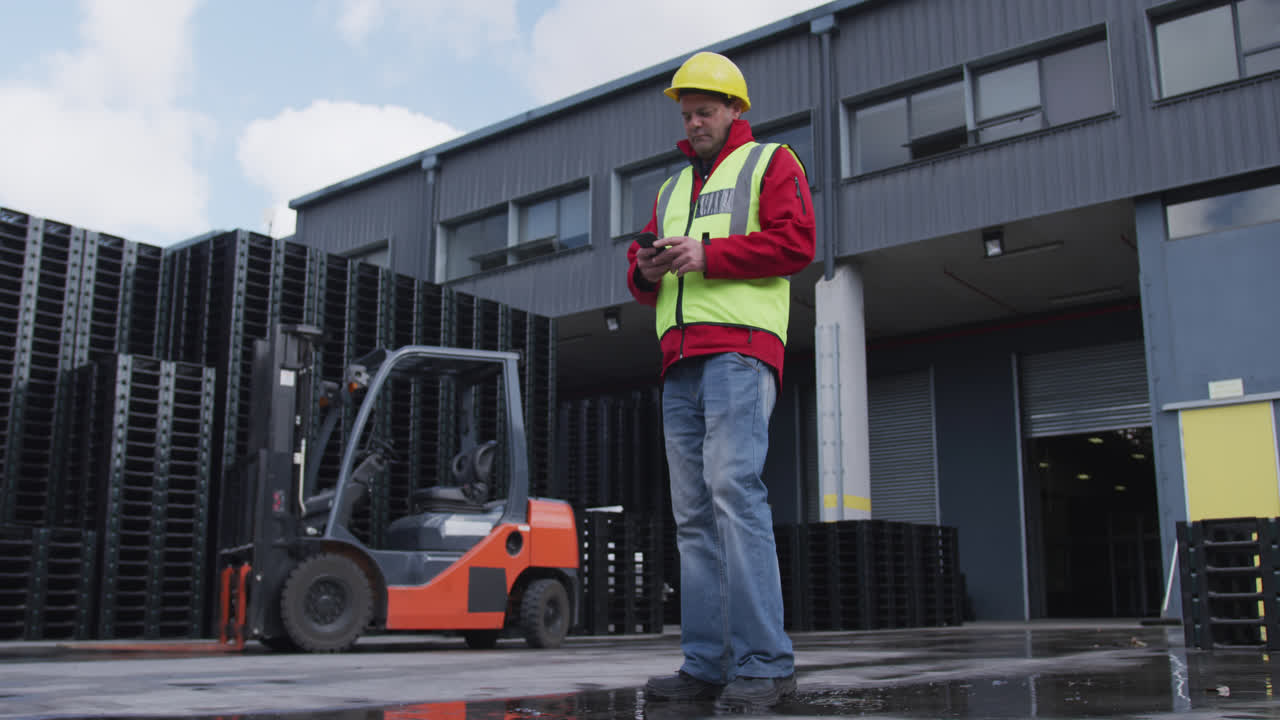 Warehouse worker using phone outside factory