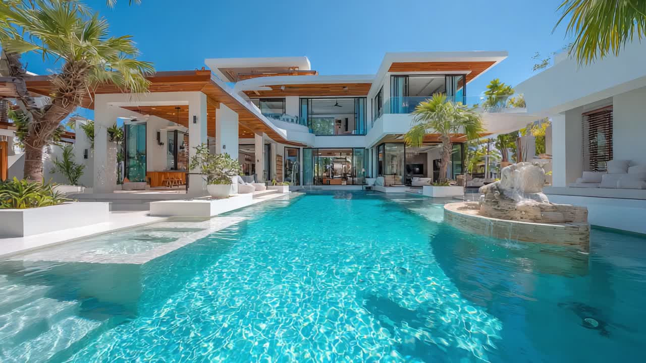 Villa moderna deslumbrante com piscina convidativa e arredores exuberantes sob um céu azul claro, capturando a essência de uma vida de luxo e serenidade ao ar livre