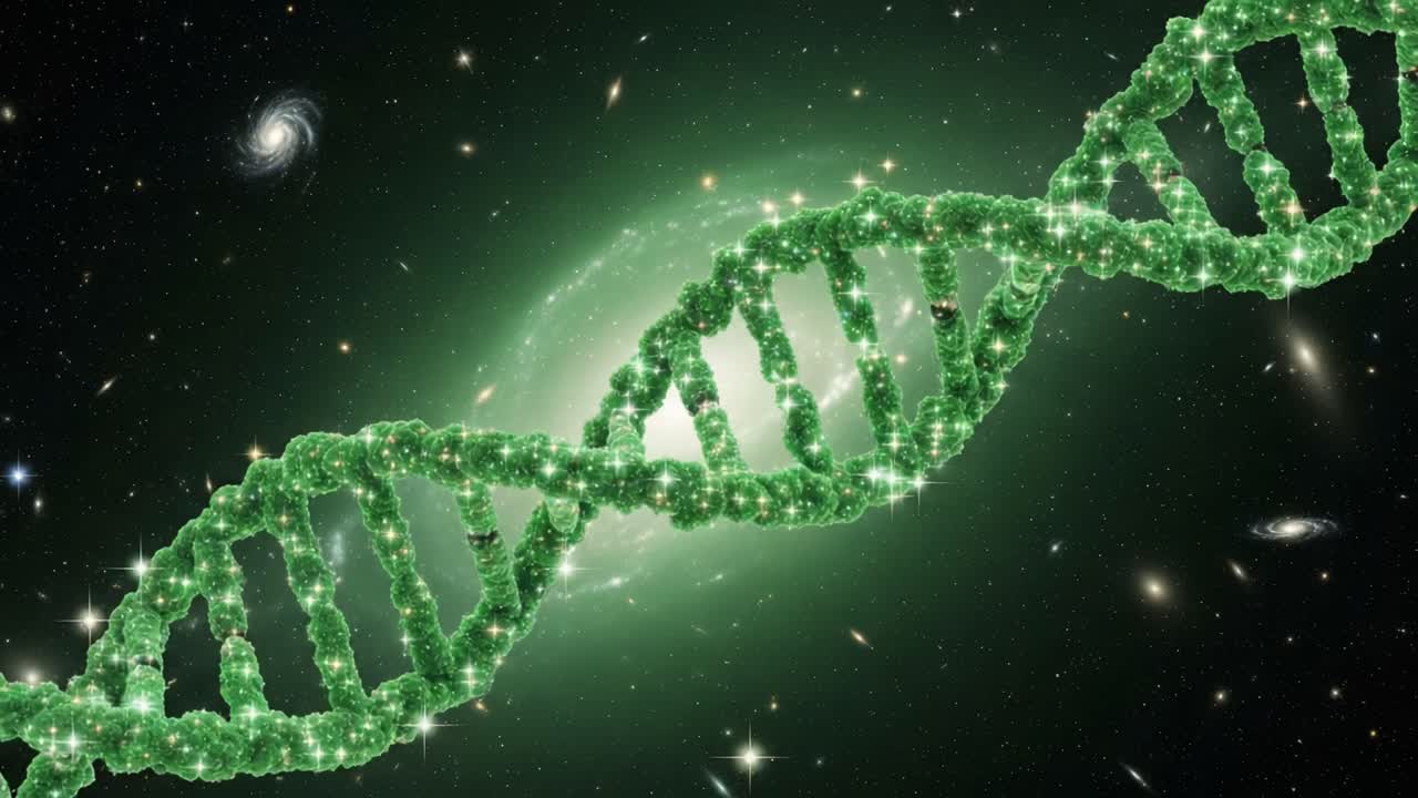 Arvoituksellinen kosminen maisema, jossa on elinvoimainen vihreä DNA-kaksoiskierre tähtien keskellä, symboloiden elämän monimutkaisuutta ja maailmankaikkeuden mysteereitä