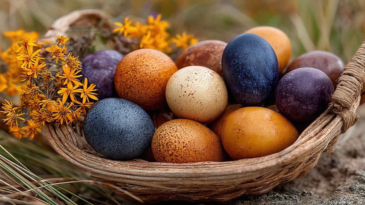 Vibrantly Colored Eggs Nestled Amongst Wildflowers in a Rustic Basket, Showcasing an Artful Arrangement of Natural Beauty and Seasonal Charm