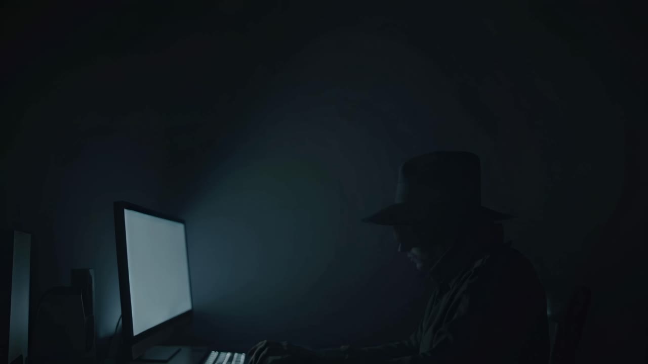 Side-angle shot of a mysterious figure in a hat typing on a keyboard in a dimly lit room