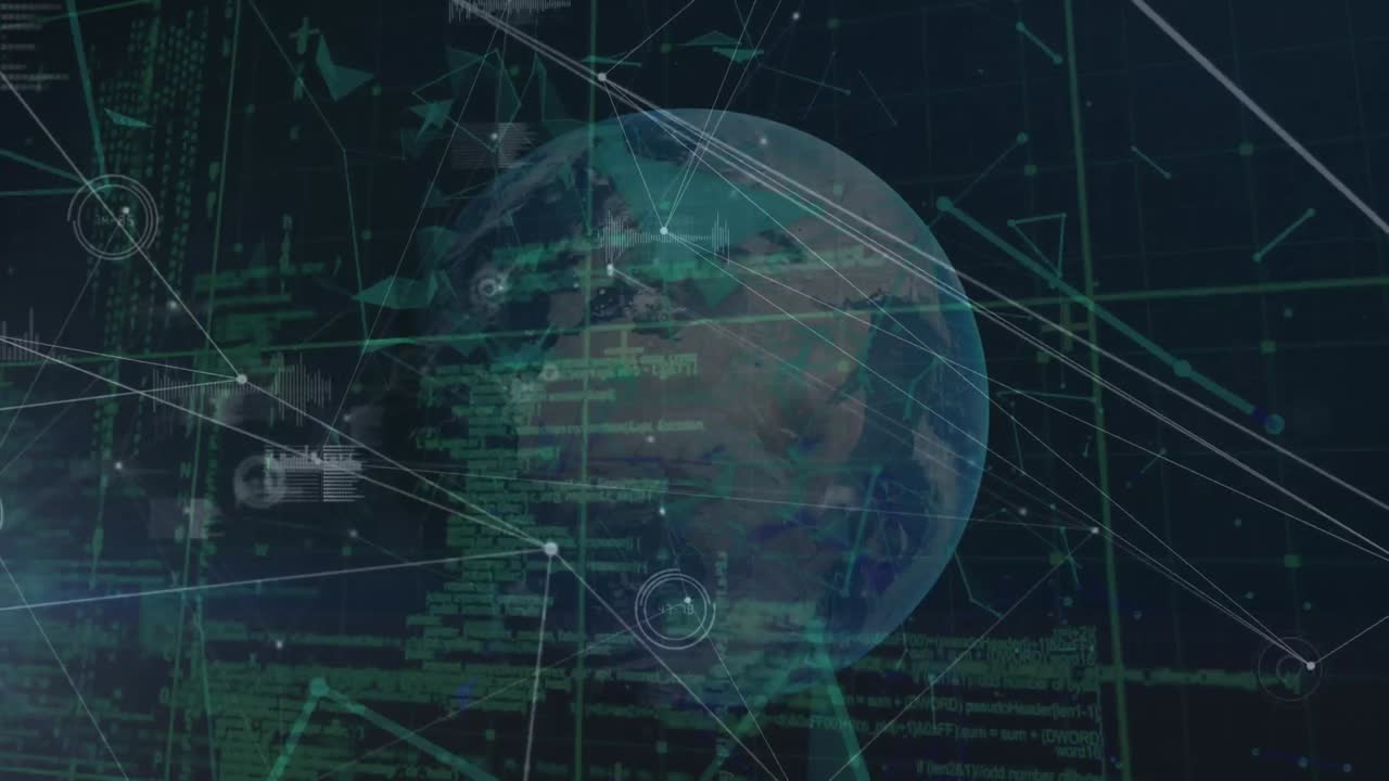 Animation of network of connections over globe and data processing