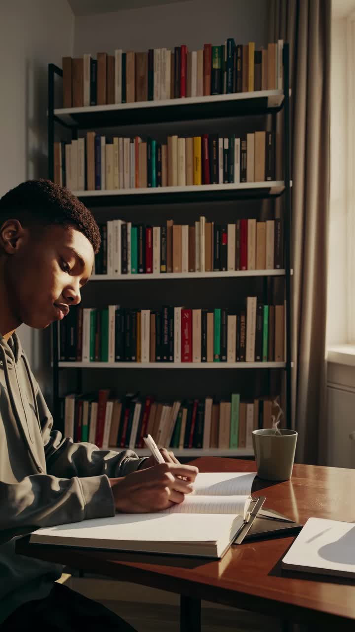 A young man studies at a desk in a cozy room, with bookshelves in the background