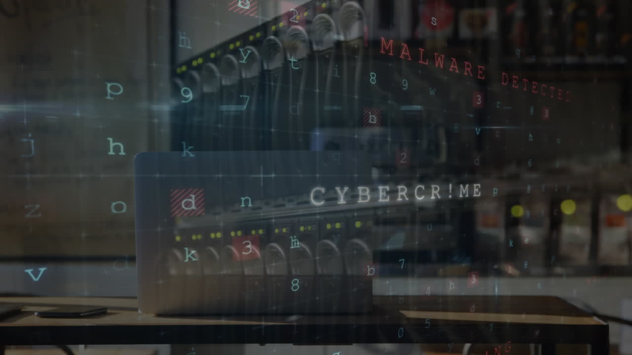 Animation of cyber attack warning over woman with computer server