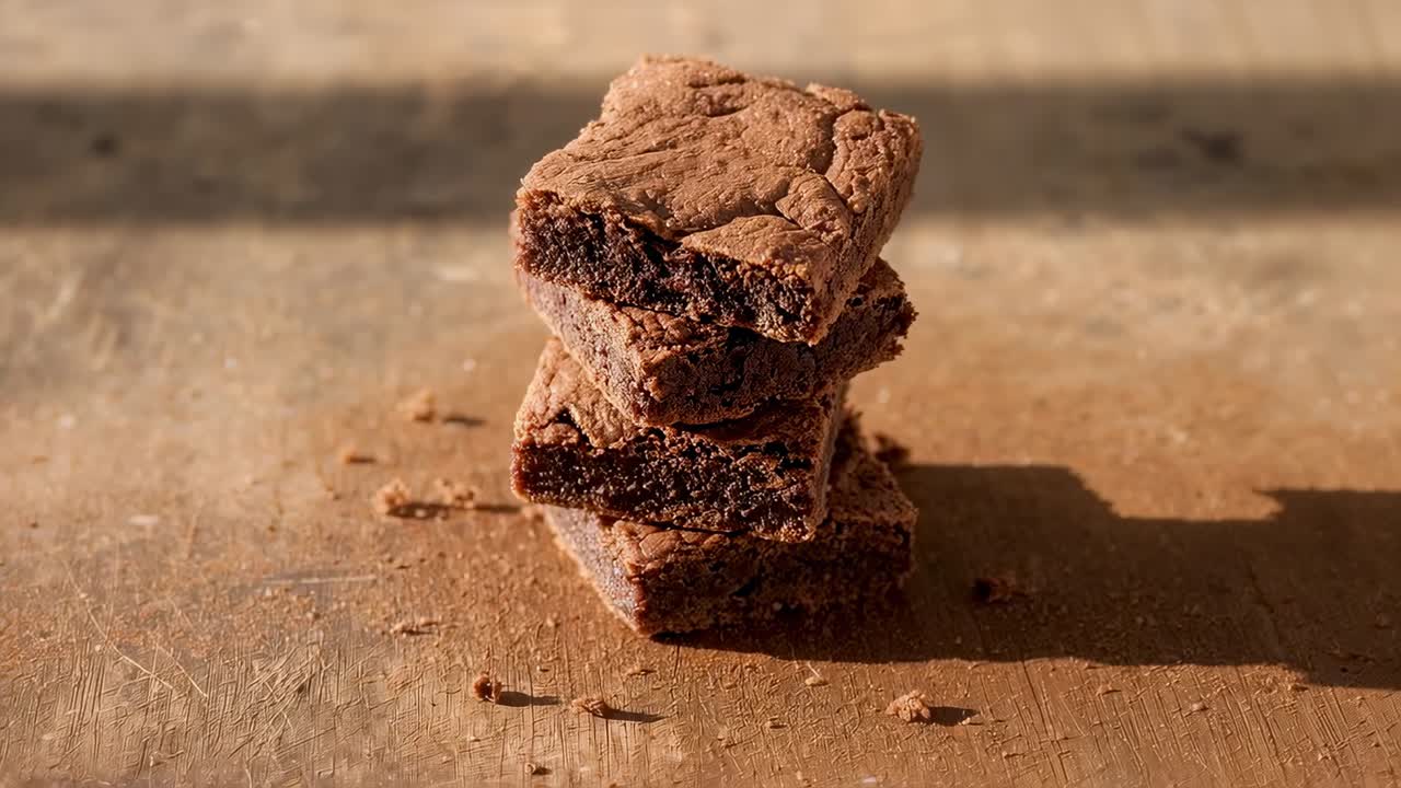 Ahşap bir tahtada duran, içindeki yoğunluğu gösteren 3 adet kare çikolatalı brownie'nin kamera açısı genişletilerek çekilmiş görüntüsü