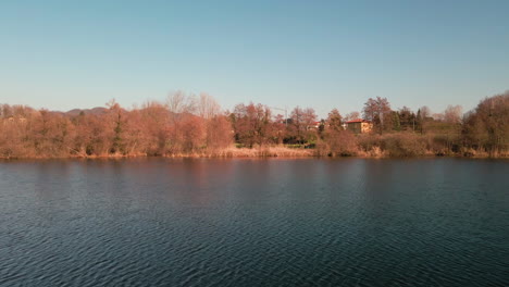 vista sobre el agua del lago con árboles y arbustos en la orilla durante la puesta de sol a fines del invierno - lago annone en el norte de italia - lado aéreo