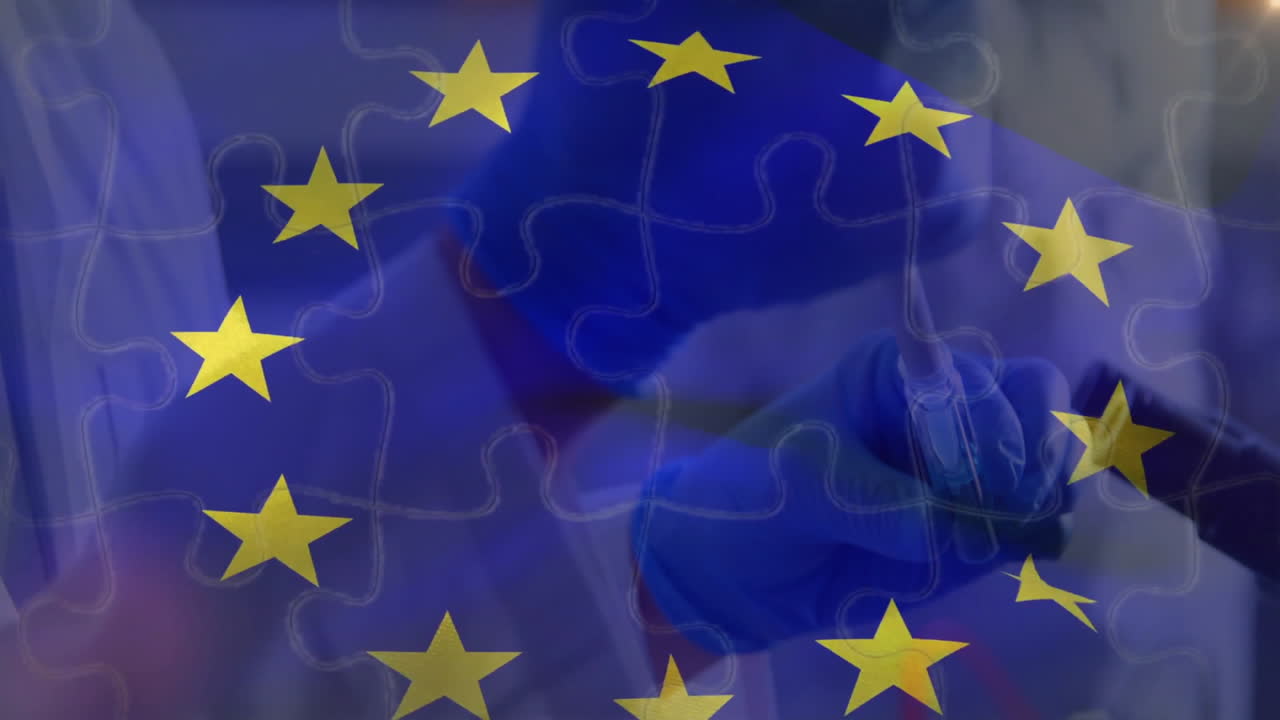 Overlaying animation of EU flag, medical professional in blue gloves working
