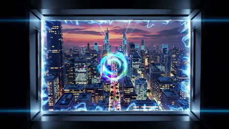 paisaje urbano futurista por la noche con brillo de energía circular