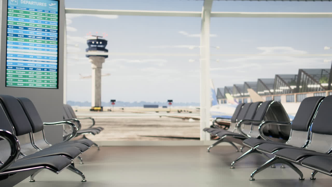 Tom flyplasslounge med avgangstavle og fly som letter