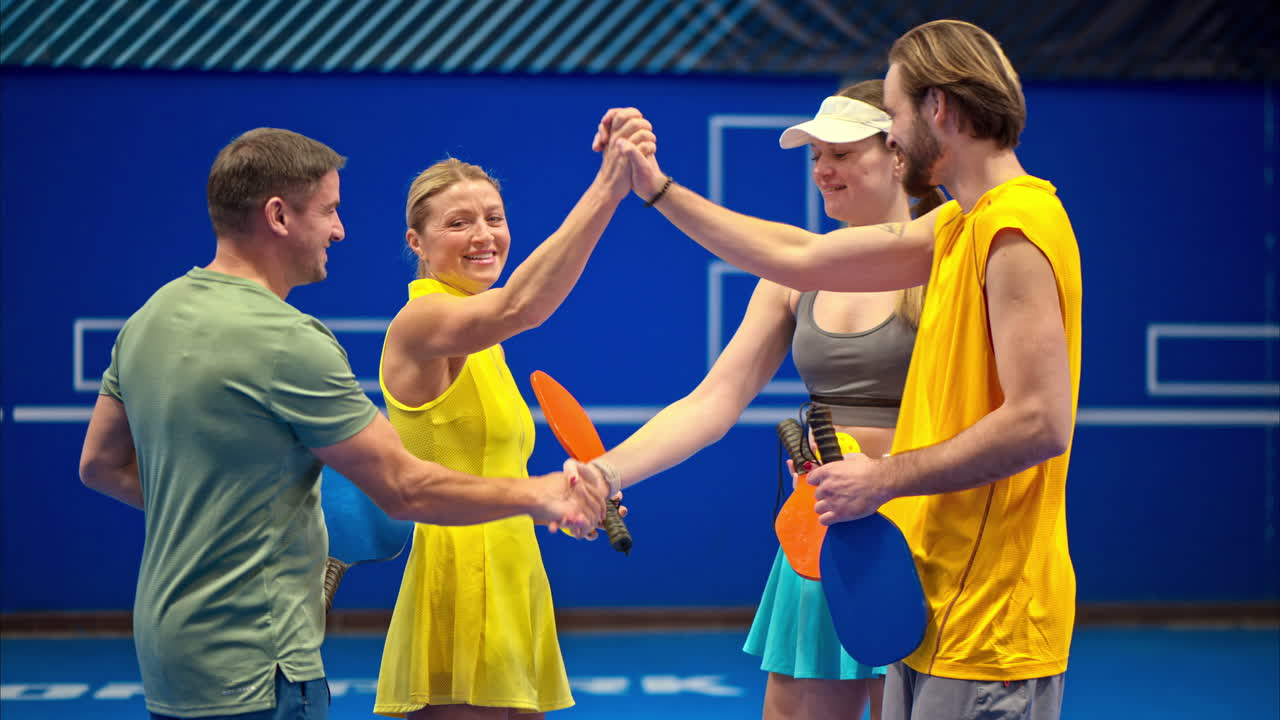 Two men and two women high-fiving after playing pickleball on a blue, inside court