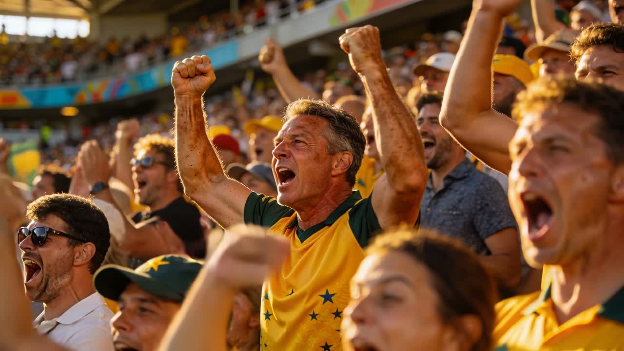 Hombre gritando con camiseta amarillo-verde levantando los puños y celebrando un gol en la grada del estadio, con barandilla.