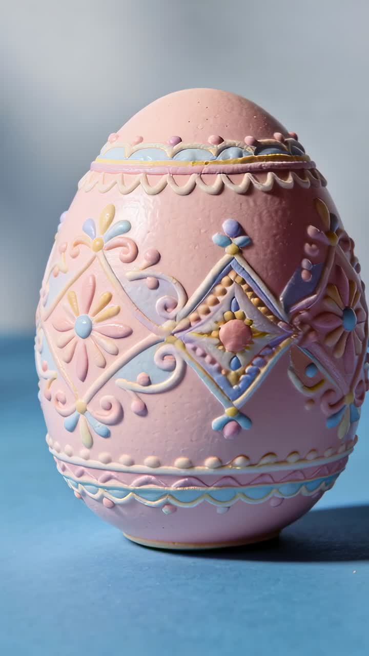Vertical video: Pivoting camera revealing pastel-pink egg on blue mat, exposing embossed details