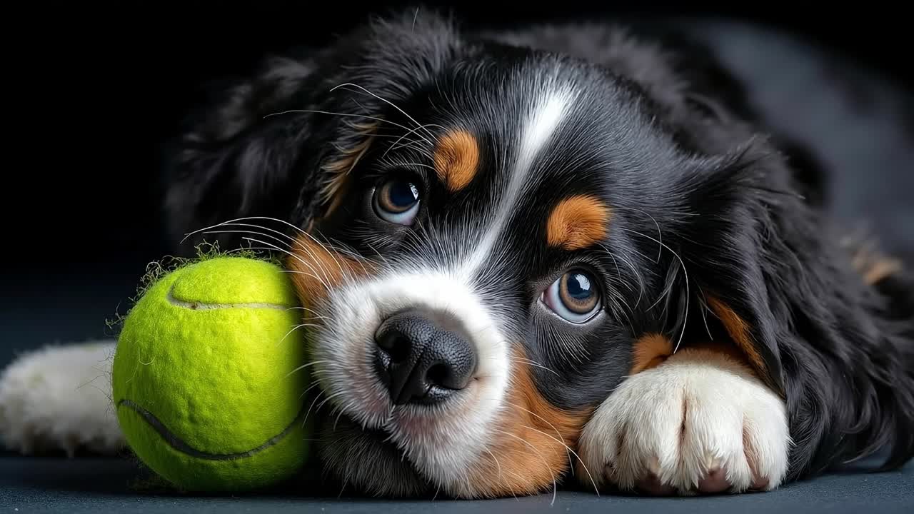 입에 테니스 공을 들고 누워 있는 개