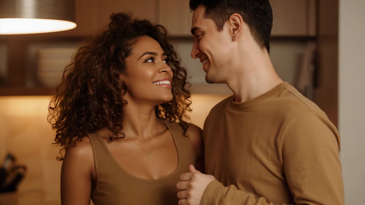 Leaning couple expressing affection in kitchen, man moving closer, woman wearing brown top, lamp