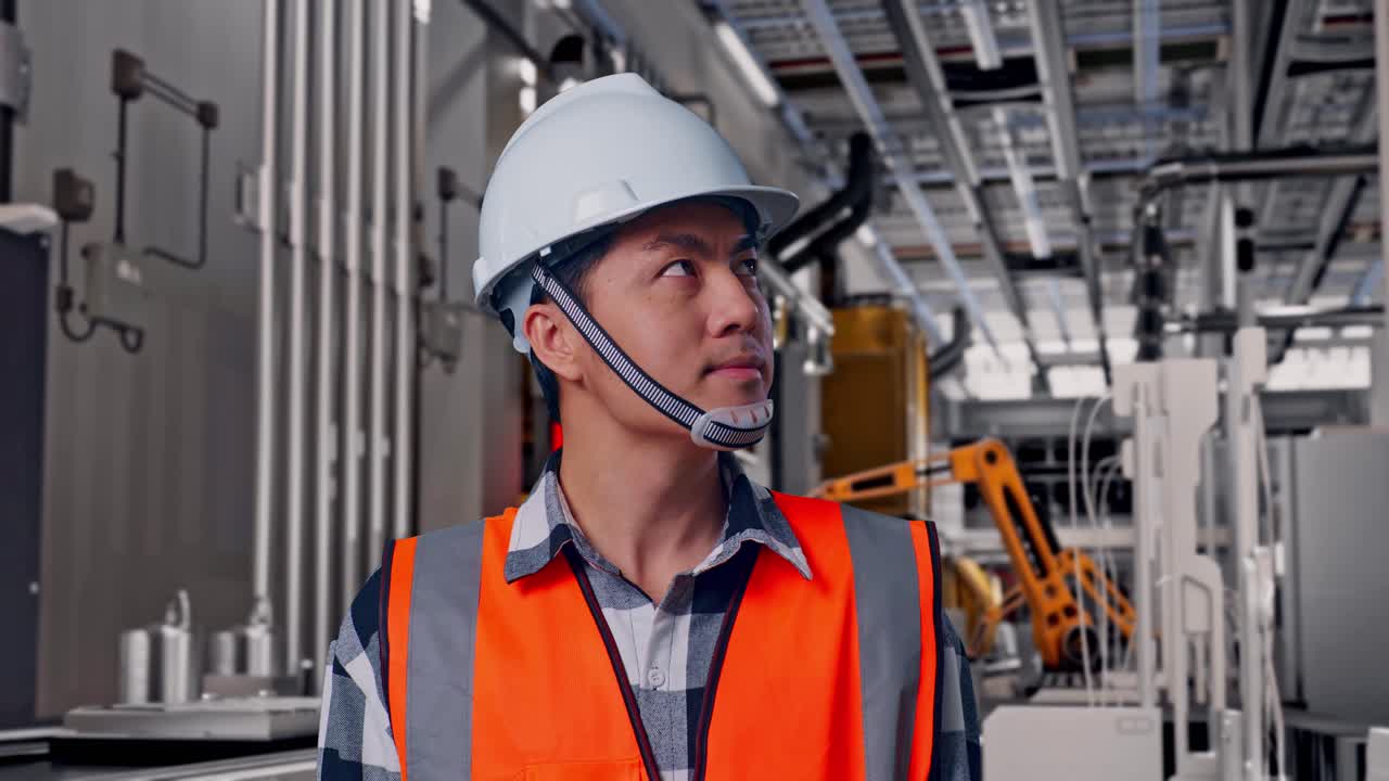 Primer plano de un ingeniero asiático con casco de seguridad mirando a su alrededor mientras está de pie, en una línea de producción automatizada de baterías en una fábrica moderna.