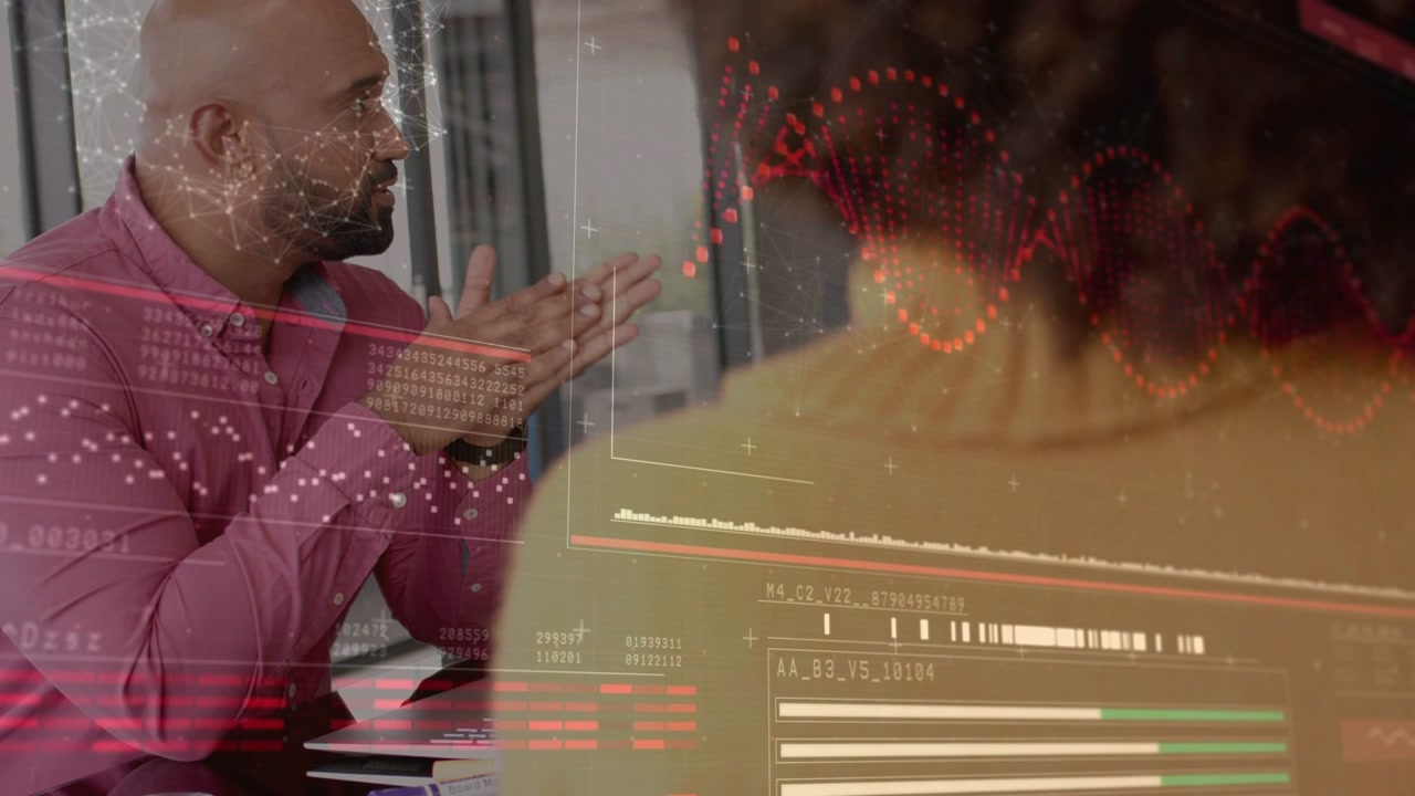 Woman leaning to start meeting, team gesturing as data overlays animating laptop chart for business