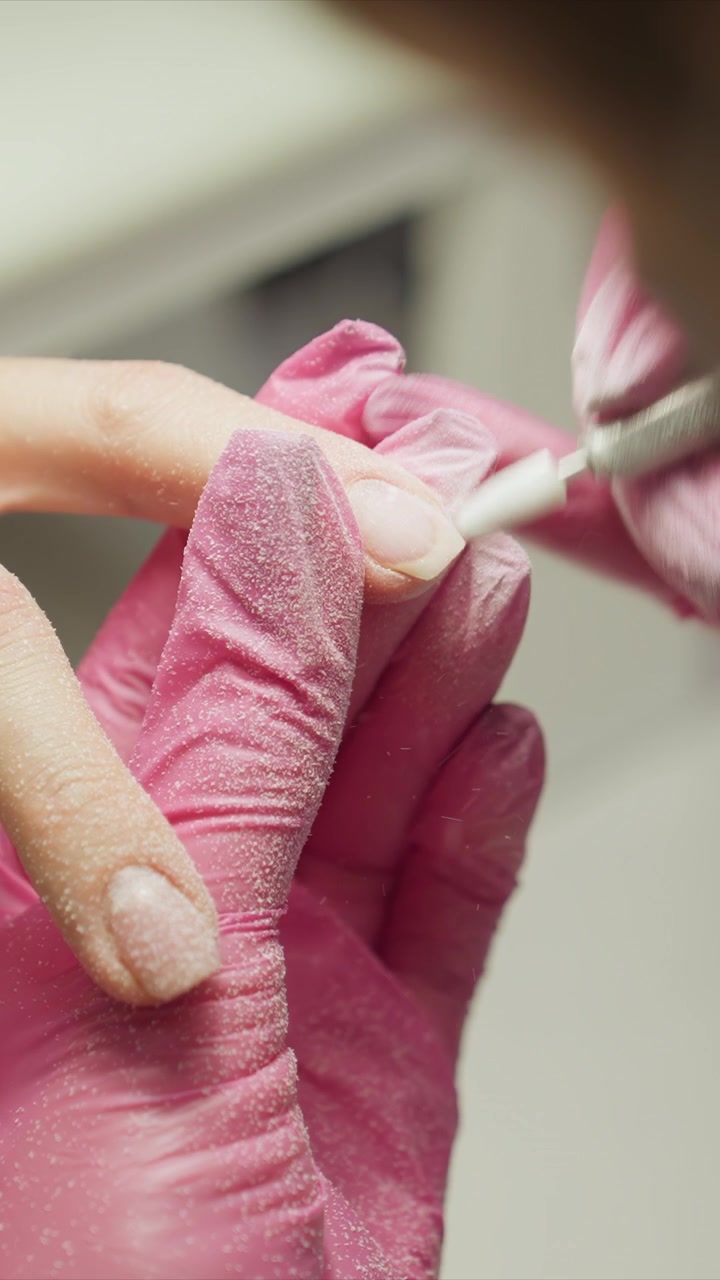 Close up view of hands performing detailed manicure work using electric nail drill to shape fingernail. Pink gloves cover technician hand holding another person finger steady while fine