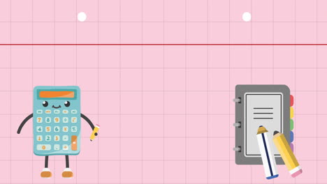 animación de diario de calculadora feliz y lápices sobre la página cuadrada del cuaderno rosa