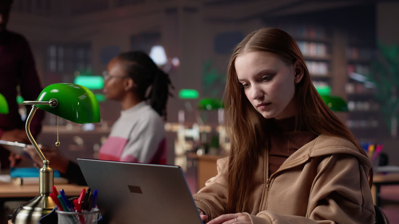 Vertical video female pupil reviewing the educational research collection at the library