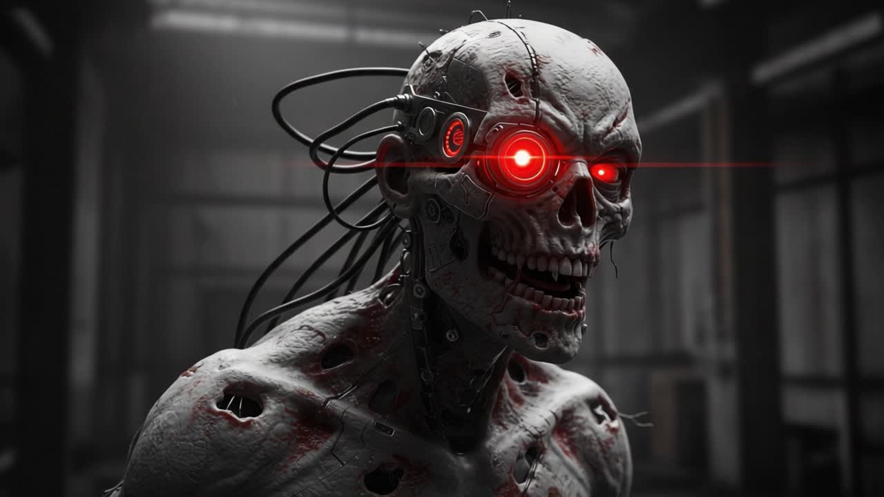 A Menacing Cyborg Skull with Glowing Red Eyes: An Exploration of Futuristic Design and Robotic Enhancement in a Dark Industrial Setting