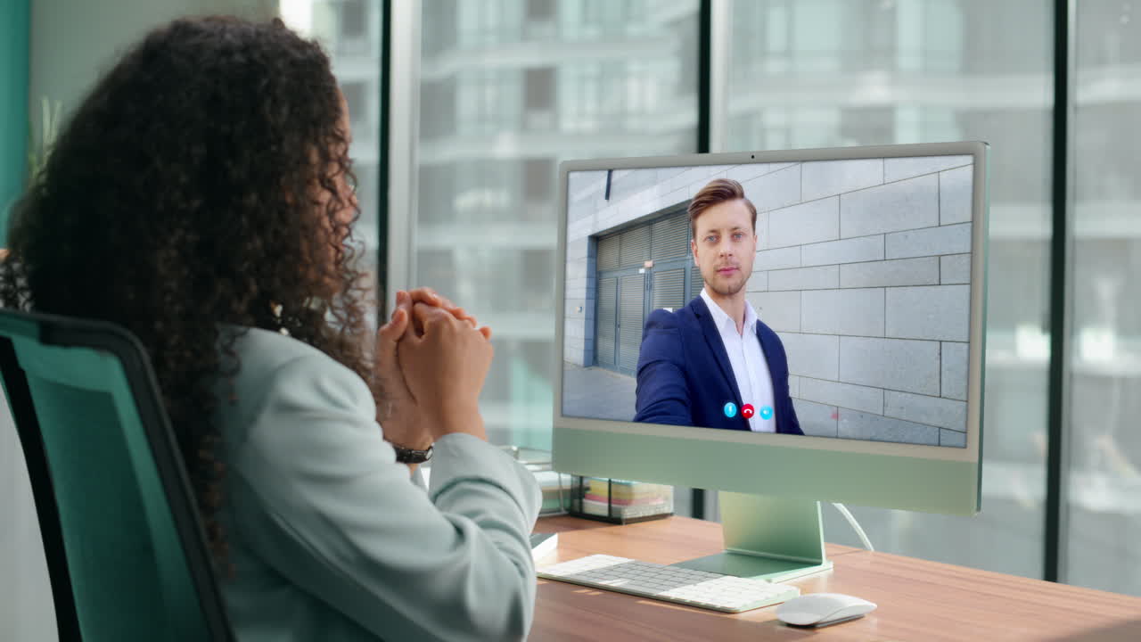 Lady communicating video call with business partner close up. Online conference