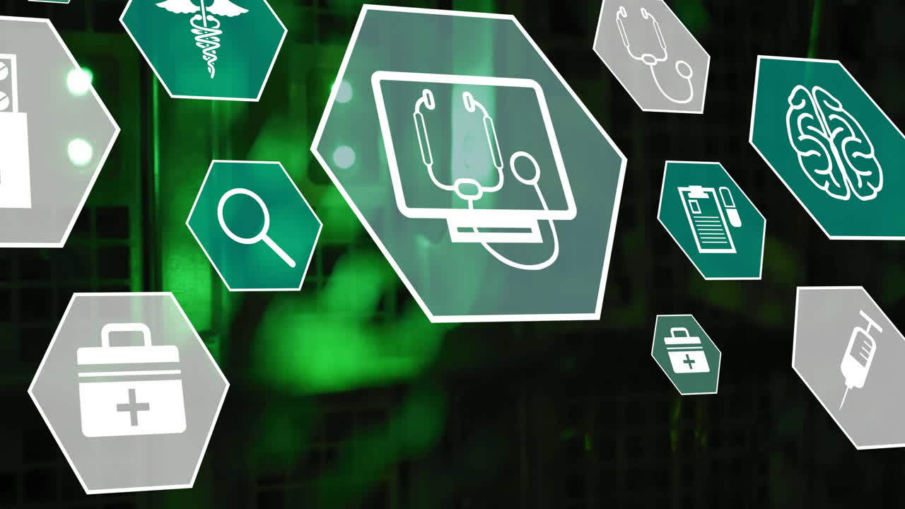 animación de iconos médicos y procesamiento de datos a través de servidores informáticos
