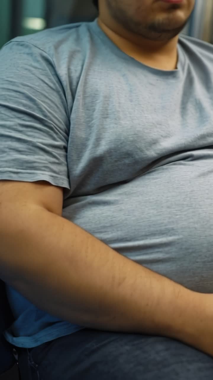 Un uomo è seduto con le braccia incrociate, indossa una maglietta grigia. Il ventre prominente indica sovrappeso. Lo scatto è focalizzato sul busto, senza mostrare il viso. Potrebbe essere utilizzato per contenuti su salute, fitness o stile di vita.
